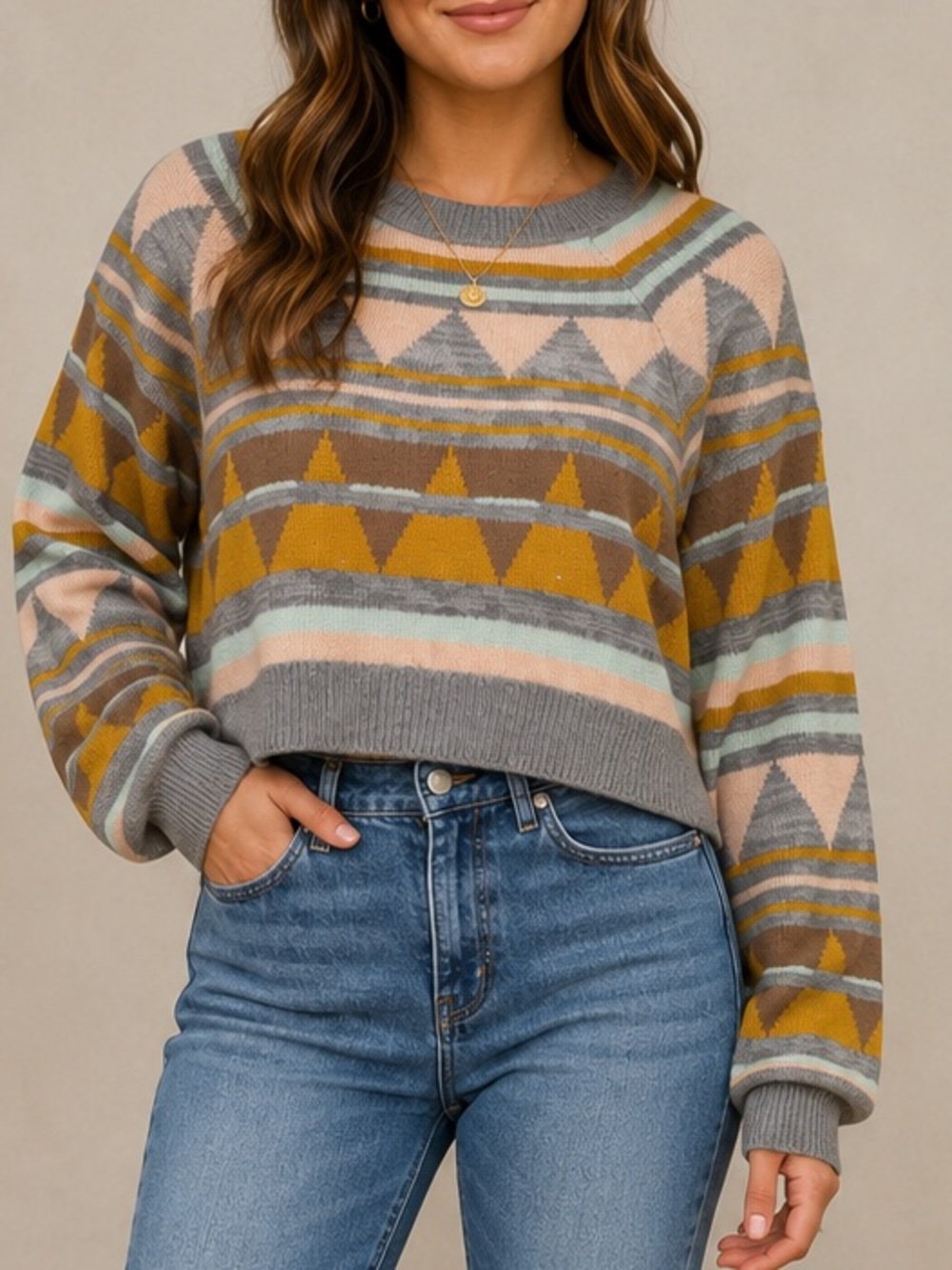 NWT Full Circle Trends Aztec Tie Back Sweater Large Gray Mustard Cropped